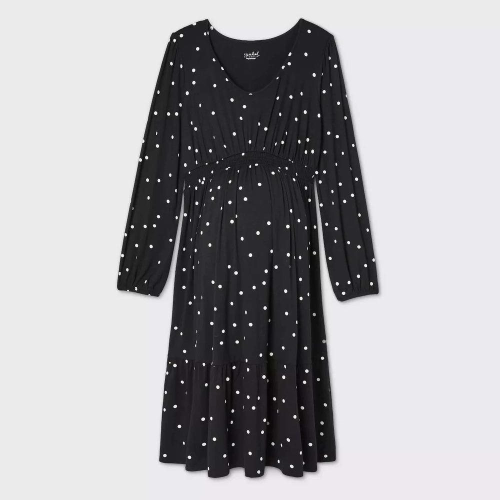 Isabel Maternity Women Large Smock Waist Midi Dress Black Polka Dot Long Sleeve